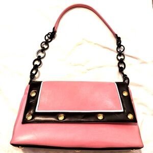 NWOT St. John Pink & Black Leather Shoulder/Clutch w Resin Chain Strap